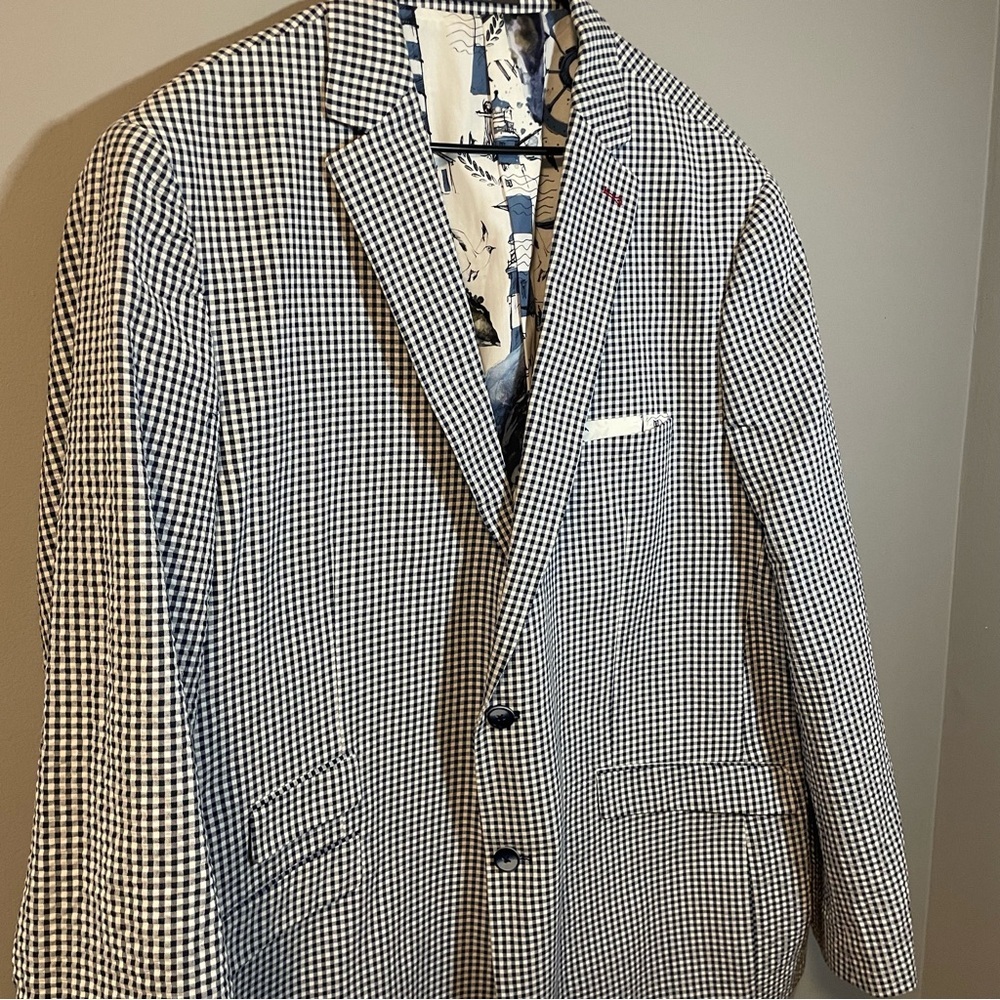 Paisley & Gray Men’s Blazer 54R Slim Fit Checkered Blue White Lightweight Church - Picture 3 of 8